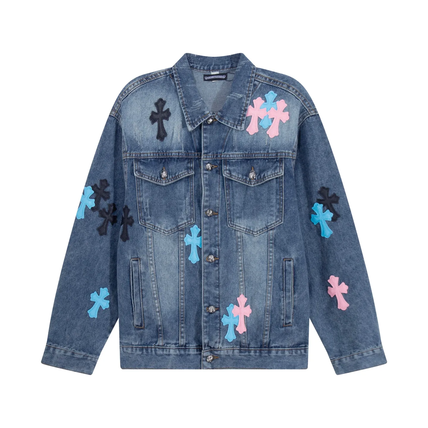 P310 Chrome Hearts Chrome Hearts leather cross-piece embroidered shirt denim jacket Color: black blue black Size: M L XL XXL XXXL
